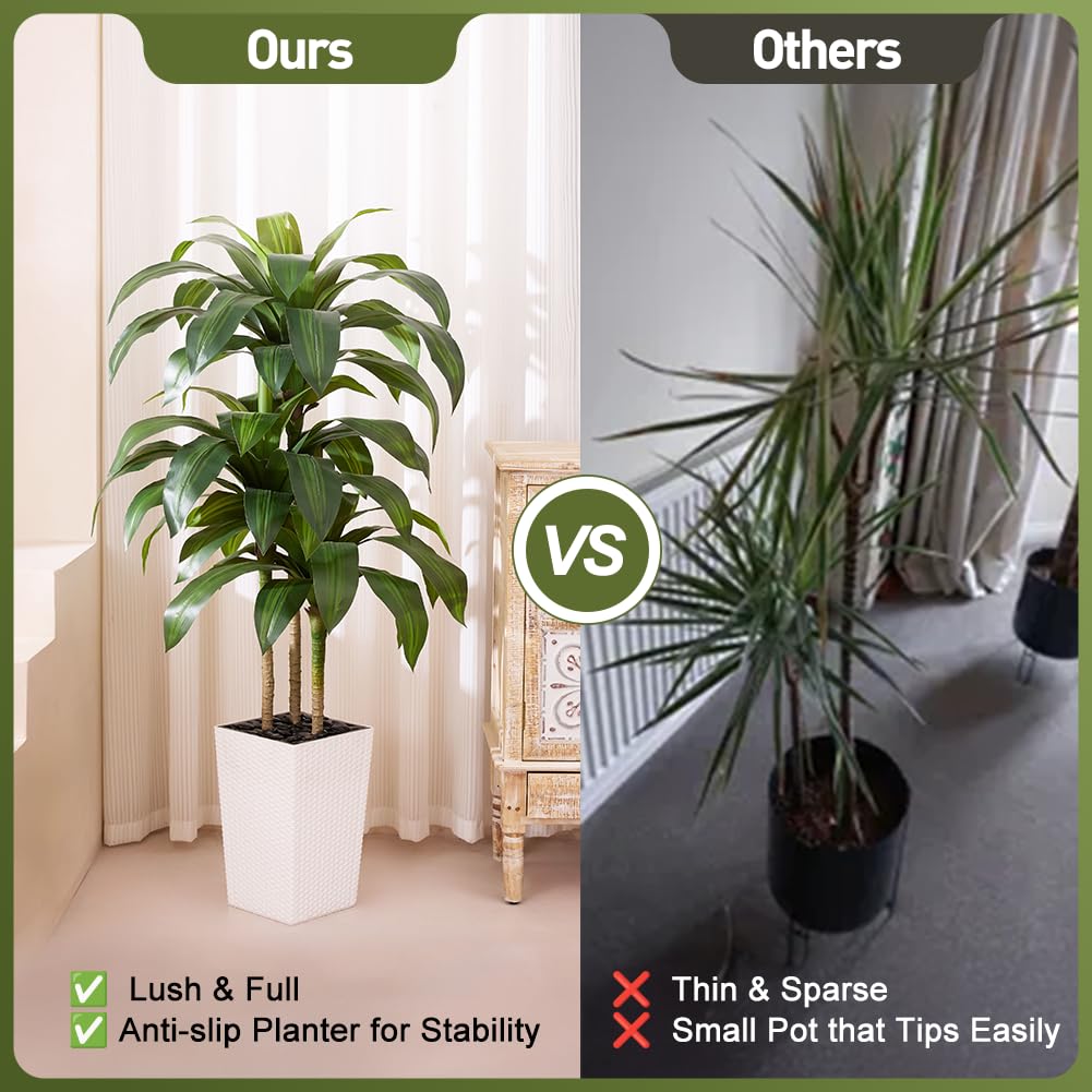 Artificial Dracaena Tree 5FT - Fake Tree with White Taper Planter & Pebbles - UV Resistant Faux Yucca Tropical Plant