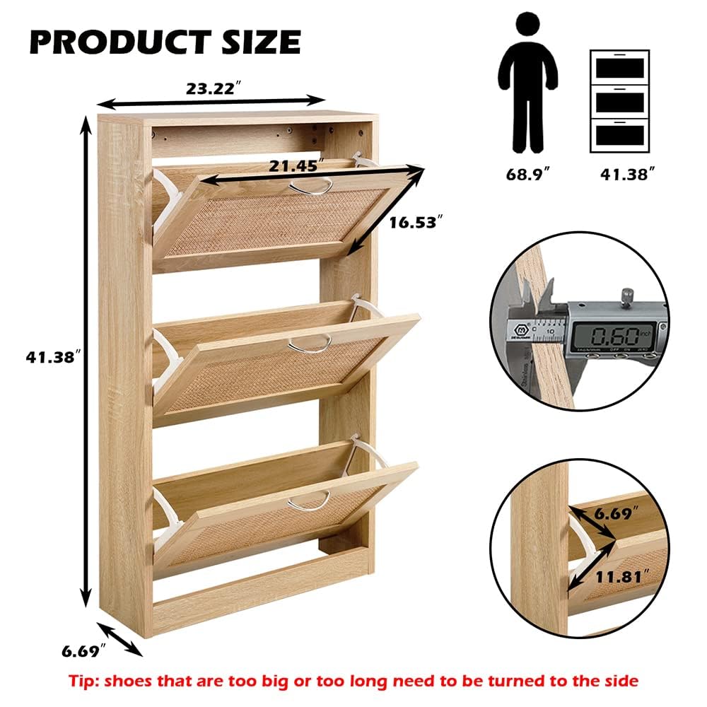 Rattan Shoe Storage Cabinet with 3 Flip Drawers