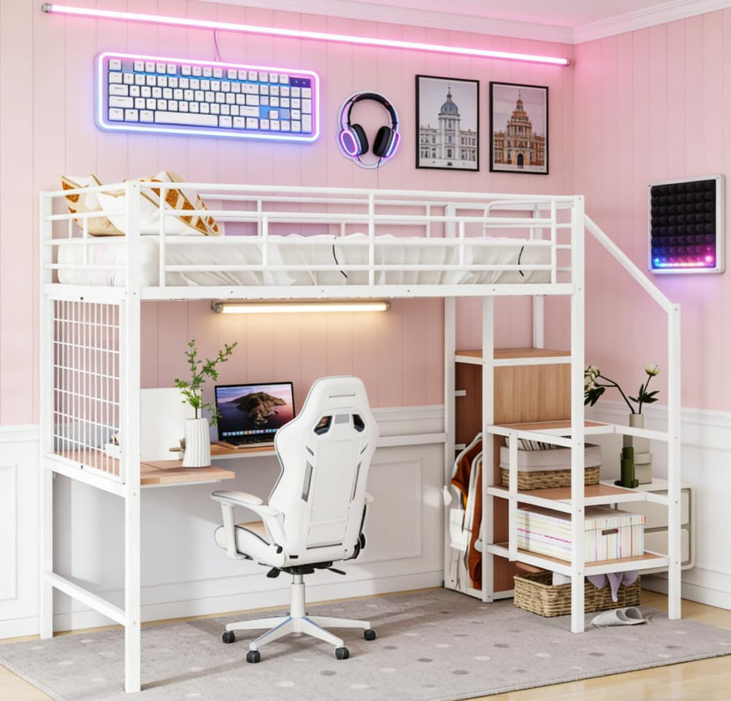 Full Loft Bed with Desk and Wardrobe and Storage Stairs, Loft Beds for Adults, Kids, Teens Metal, White