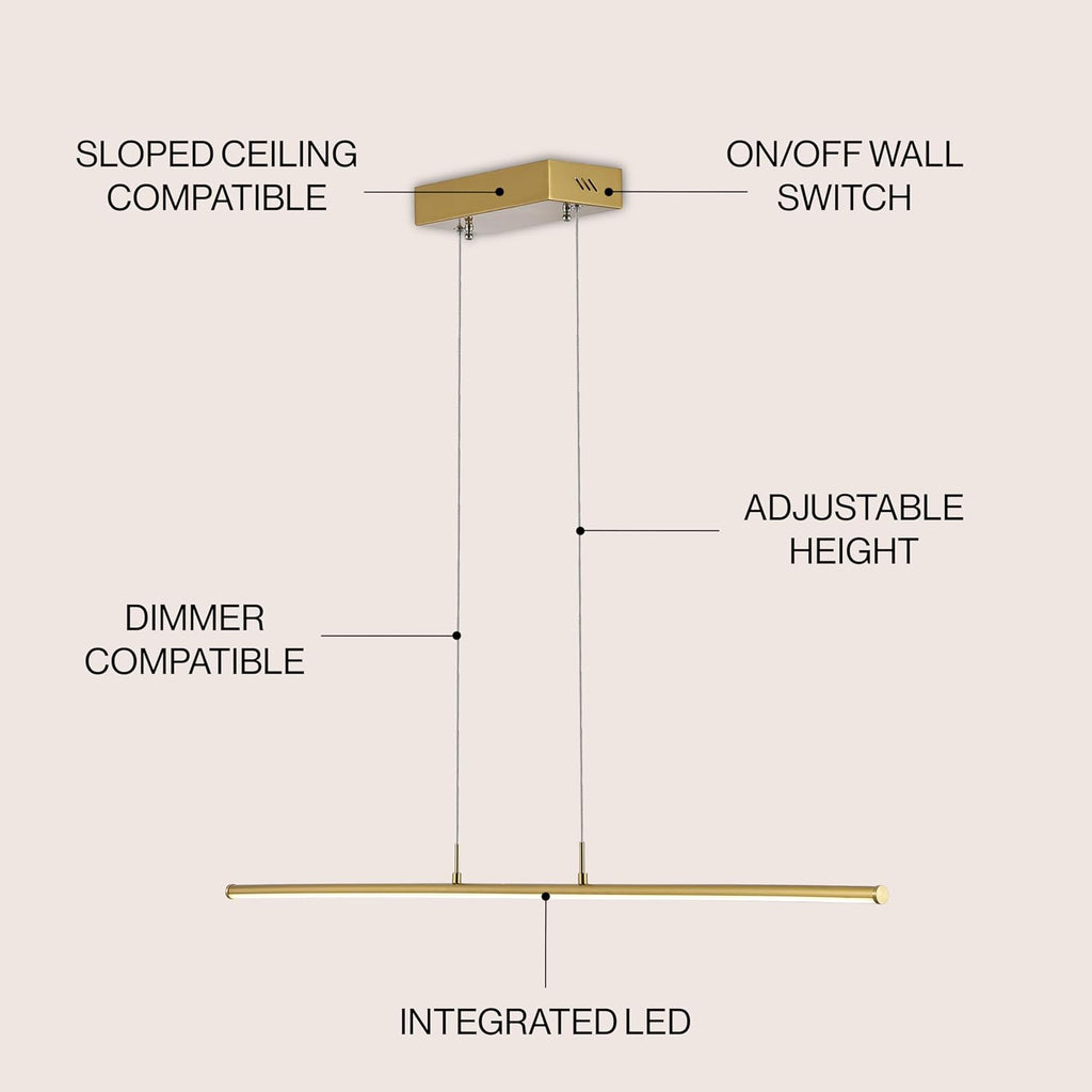 39.5" Brass Gold Modern Integrated LED Linear Pendant Light, Dimmable Adjustable Hanging Island Fixture for Kitchen