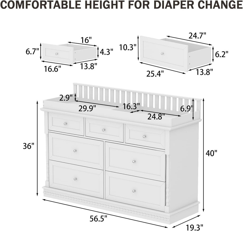 56.5" Baby Dresser with Removable Changing Table Top, Large White Dresser with 7 Storage Drawers, Baby Changing