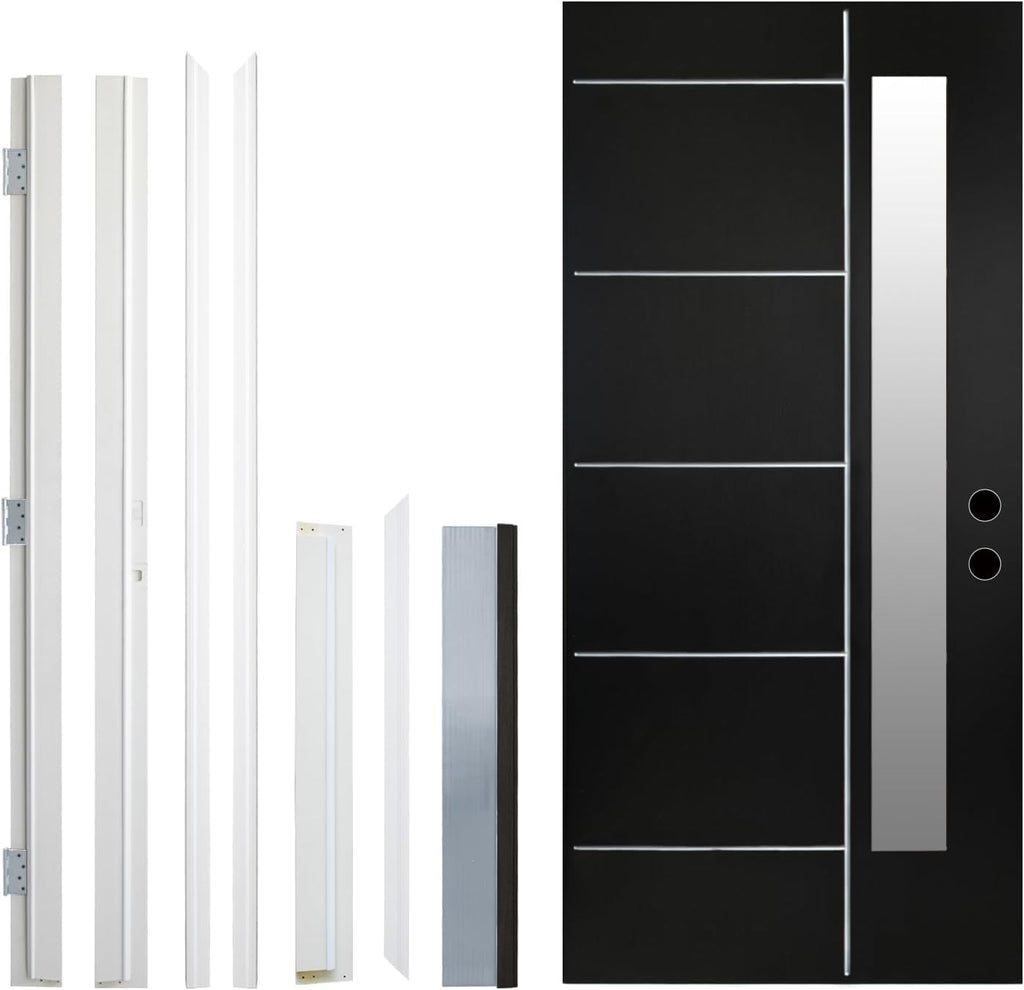 36'' x 80" Fiberglass Entry Door with 4-9/16" Width White Frame, Black Exterior Door with Frosted Glass, Modern Front