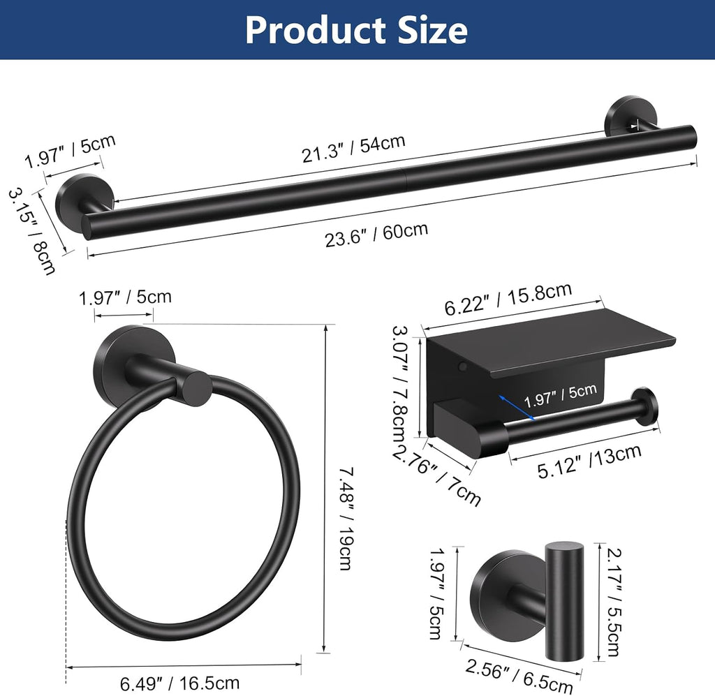 Bathroom Hardware Set Black, 5 Piece Bathroom Towel Bar Holder Sets | SUS304 Stainless Steel, 23.6" Toilet Paper