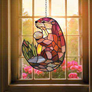 Couple Otters Acrylic Suncatcher Size 8 inches, Boho Stained Glass Effect Window Hanging Ornament, Garden Decor, Gift