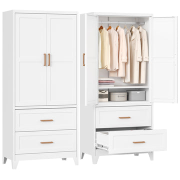 Metal Armoire Wardrobe Closet with 2 Drawers, 18" Deep Metal Wardrobe Cabinet with Doors and Adjustable Shelf, Steel