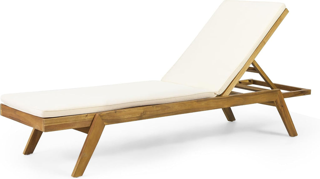 Outdoor Chaise Lounge Chair Set of 2, Acacia Wood Lounge Chair with 5-Position Adjustable Back and Cushion, Patio