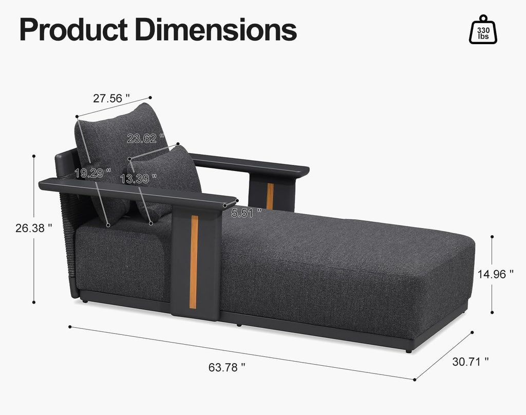 Patio Chaise Lounge Chair 1 Piece with Lumbar Pillow, Grey | Lumbar pillow support, Fade resistant premium fabric
