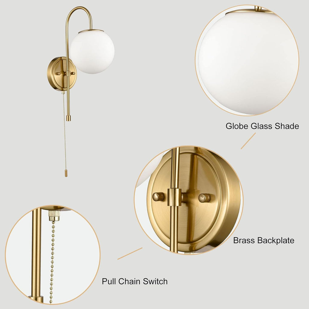 Modern Gold Wall Sconce Milk White Globe Wall Light Fixtures with Pull Chain Switch for Bedroom Bathroom Balcony