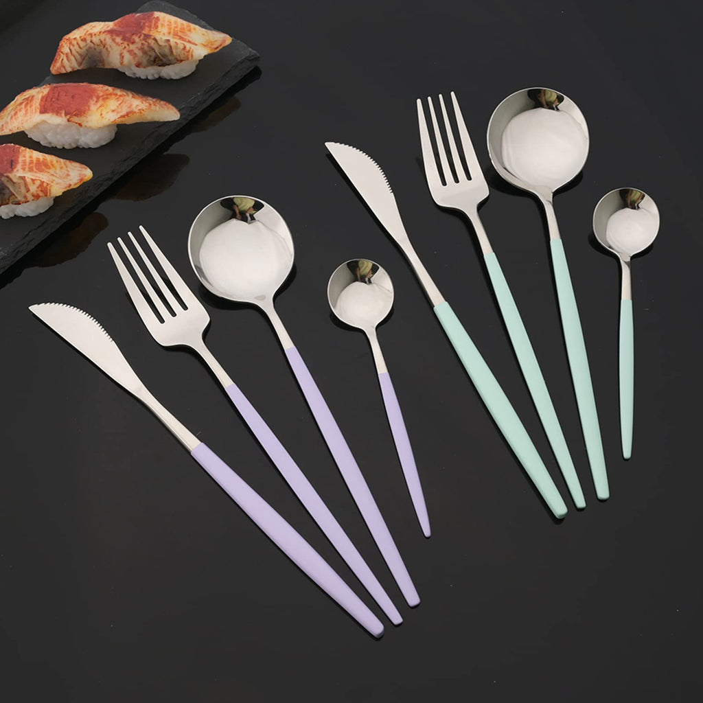 Flatware Set 24 Piece, Stainless Steel Silverware Set, Macaron Small Fresh Color Cutlery Set, Modern Elegant