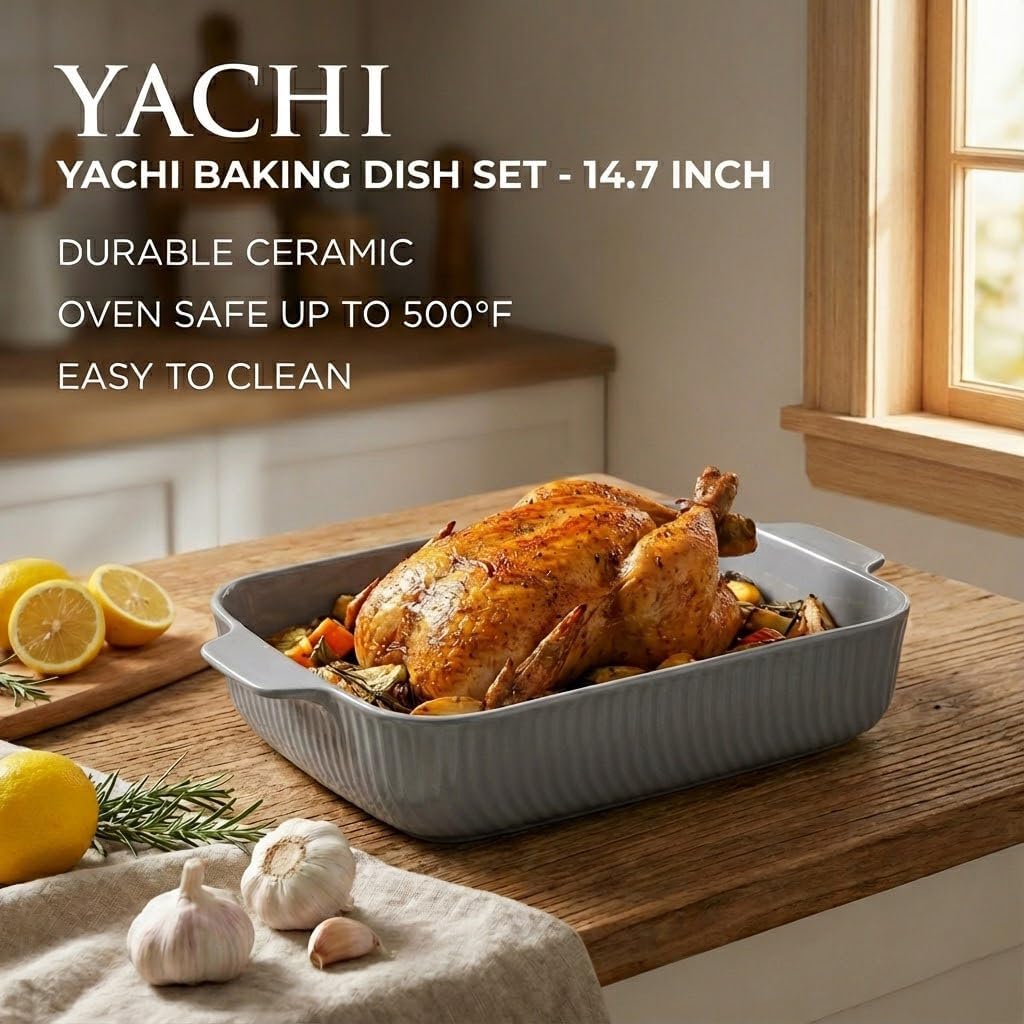 Ceramic Casserole Dishes for Oven Set of 3 Pcs Rectangular Bakeware Set with Handle for Steak Beef Pan Roast Chicken