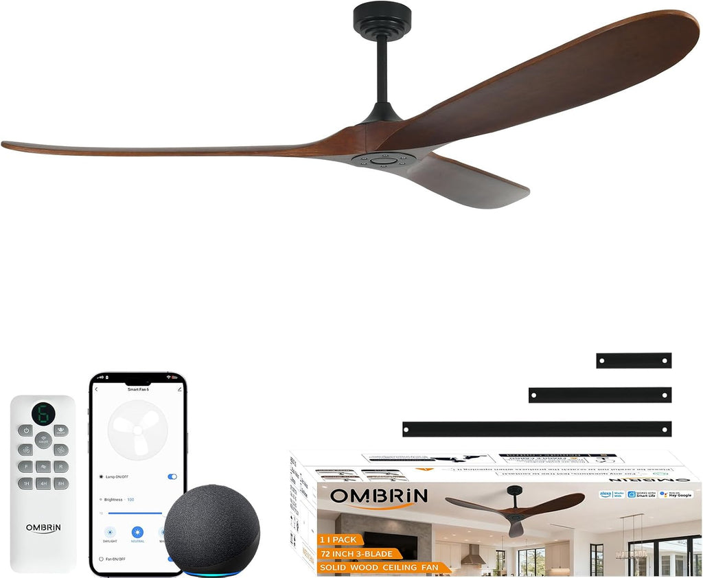 72" Smart Ceiling Fan without Lights, Wood Large Ceiling Fan with Remote Alexa Google App