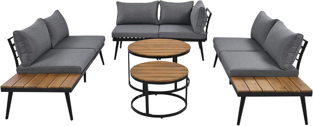 4-Piece Outdoor Sectional Sofa Set with Nesting Coffee Table and Cushion, Outdoor Acacia Wood L-Shaped Corner Sofa