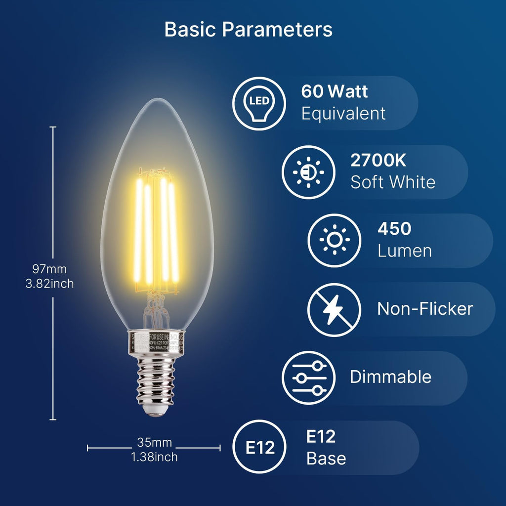 60W Equivalent LED Chandelier Light Bulbs, Dimmable, E12 Base, Clear B11 LED Filament Candelabra Bulbs, 2700K Soft (6 Pack)