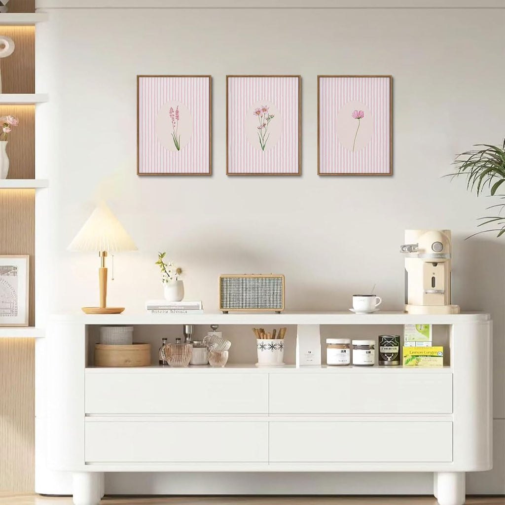 3 Piece Framed Wall Art Wildflowers Wall Decor Botanical Canvas Art Floral Pictures Stripe Paintings Pink Prints Boho