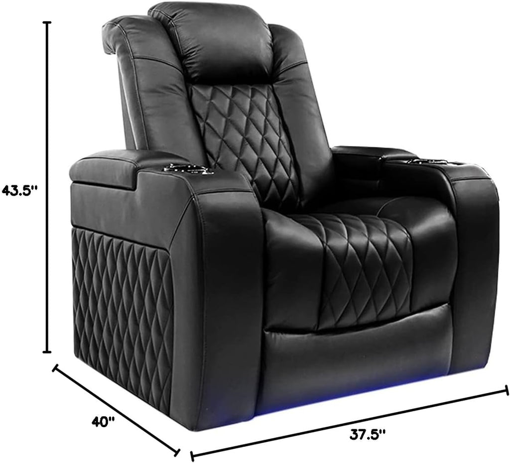 Tuscany Home Theater Seat - Nappa Leather Power Recliner with Cool Gel Memory Foam, USB-C/A Charging, RGB LED Lights