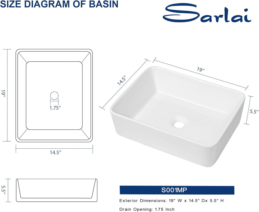Vessel Sink Rectangular - 19"x15" White Bathroom Sink Rectangle Above Counter Porcelain Ceramic Bathroom Vessel