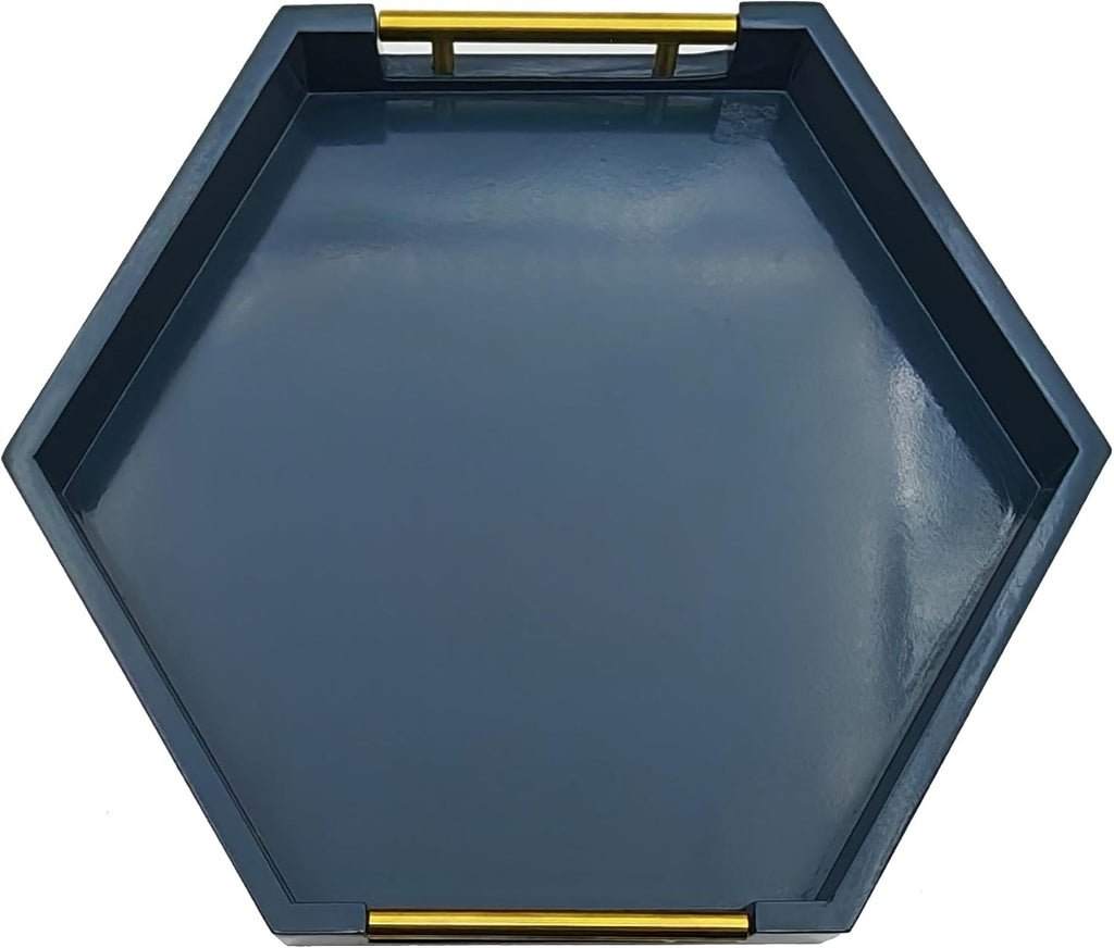 Hexagon Decorative Serving Tray with Polished Gold-Tone Metal Handles, Black Glossy Finish, Large Ottoman and Coffee