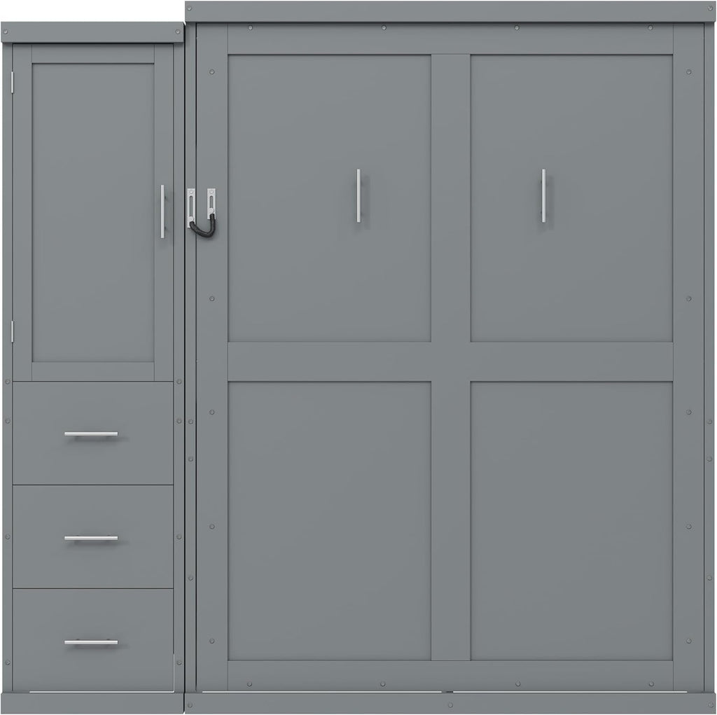 Full Murphy Bed with Storage Cabinet, Foldable Space-Saving Wood Wall Bed Frame with Wardrobe and 3 Drawers, Hidden