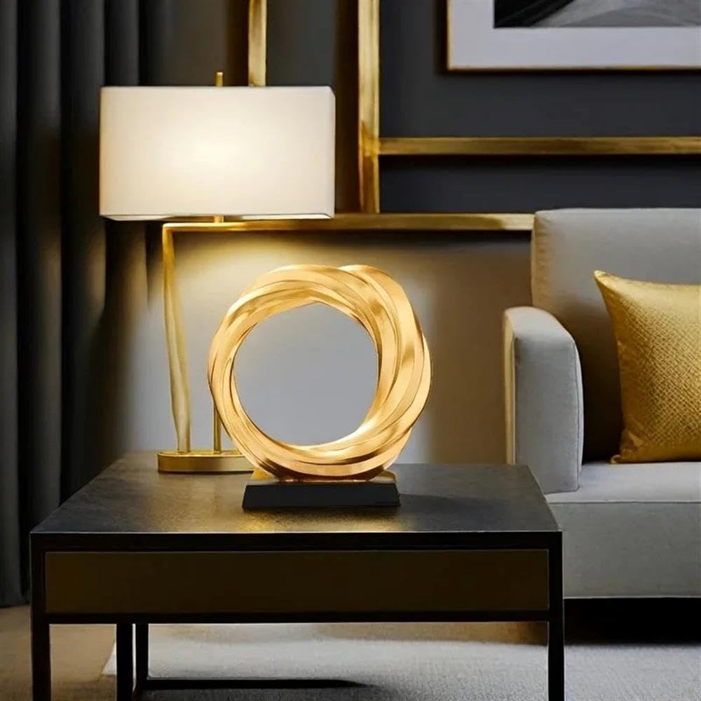 Modern Gold Resin Circle Sculpture, Abstract Design with Crystal Ball, 8.66 in Decorative Home Accent, or Entryway