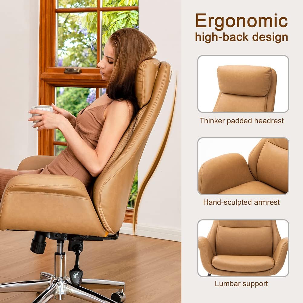 Modern Executive, High Back PU Leather Ergonomic Computer Desk Chair, Adjustable Height Swivel Office Task Chair with