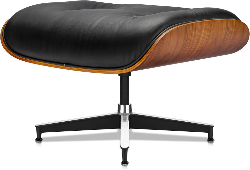 Mid-Century Modern Lounge Chair & Ottoman — Black Bonded Grain Leather, Light Walnut Base, Extended Chaise