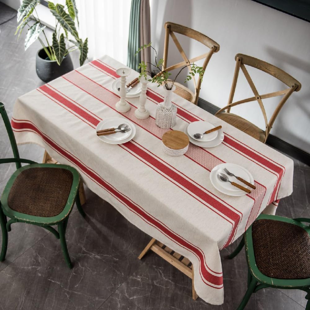 White Red Tablecloth Cotton Linen Farmhouse Table Cover Soft Washable Table Top for Parties Coffee K