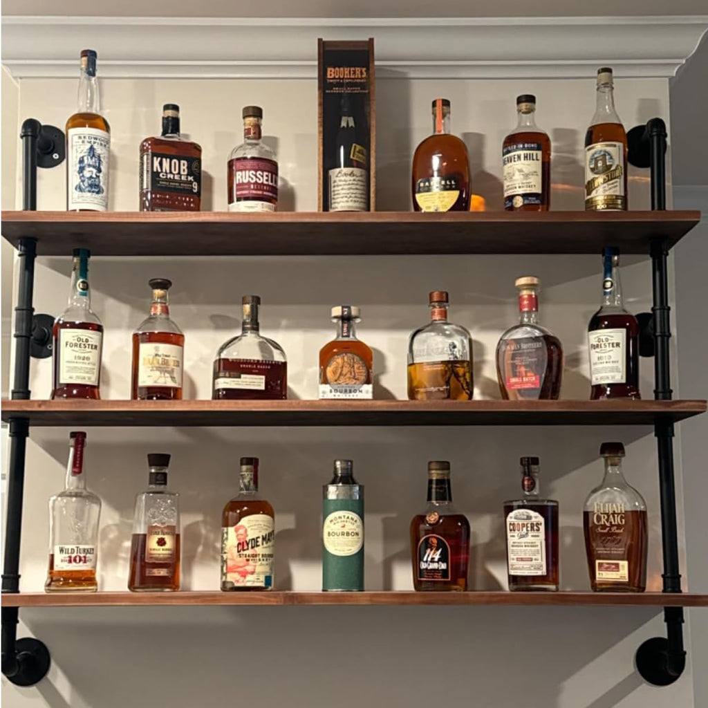 Industrial Pipe Floating Shelves, 48 Inch Rustic Wood Wall Shelf | Real Pine wood shelves with metal pipe brackets