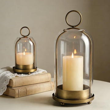 Hurricane Candle Holder Lanterns: Pillar Candle Holders Set of 2 for Outdoor - Antique Brass Metal Candleholder with
