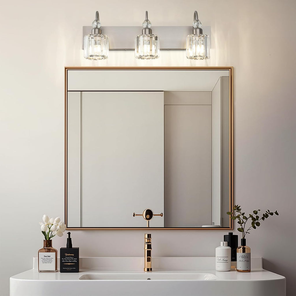 Brushed Nickel Vanity Light Crystal 3-Light Modern Bathroom Light Fixtures