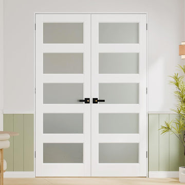 French Doors 48"x80" (Double 24"x80"), 5-Lite Tempered Frosted Glass Solid Core Door Slabs with Jamb & Black Hardware
