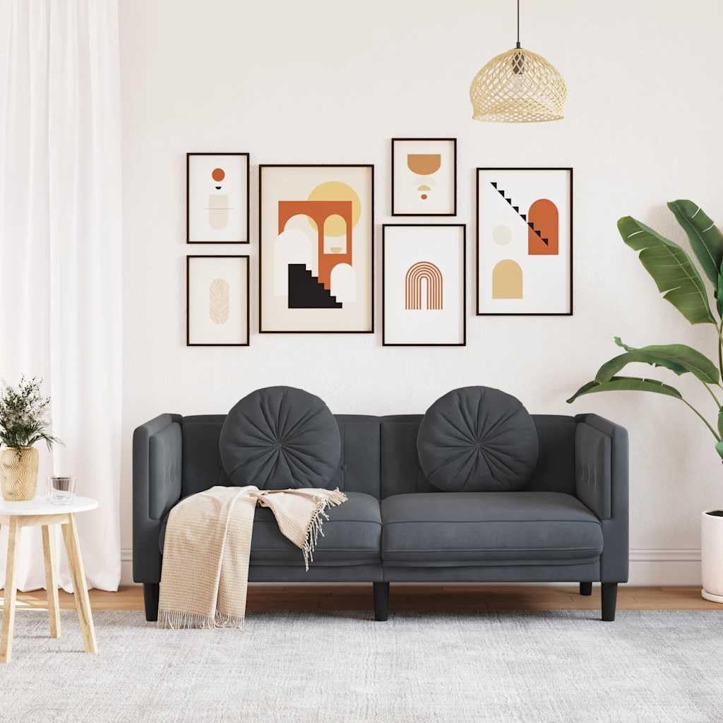 Dark Gray Velvet 2-Seater Sofa with Cushions, Small Loveseat with Thick Padded Seat and Armrests, Modern Couch with