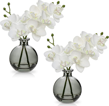 White Orchids Artificial Flowers Faux Orchid Arrangement with Black Glass Vase Set of 2 Real Touch Phalaenopsis