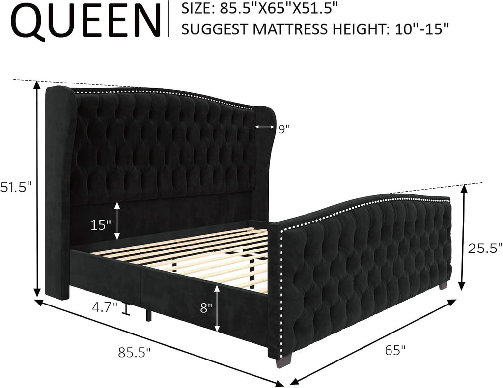 Queen Platform Bed Frame, Velvet Upholstered Bed with Deep Button Tufted & Nailhead Trim Wingback Headboard/No Box