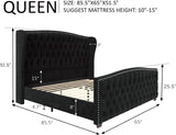 Queen Platform Bed Frame, Velvet Upholstered Bed with Deep Button Tufted & Nailhead Trim Wingback Headboard/No Box