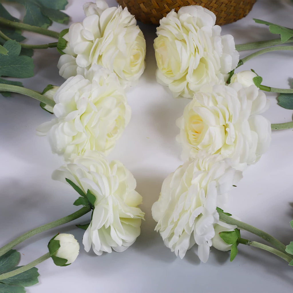 Artificial Ranunculus Long Stem Buttercup Silk Flowers 6pcs Decor and Wedding Decorations(White 1)