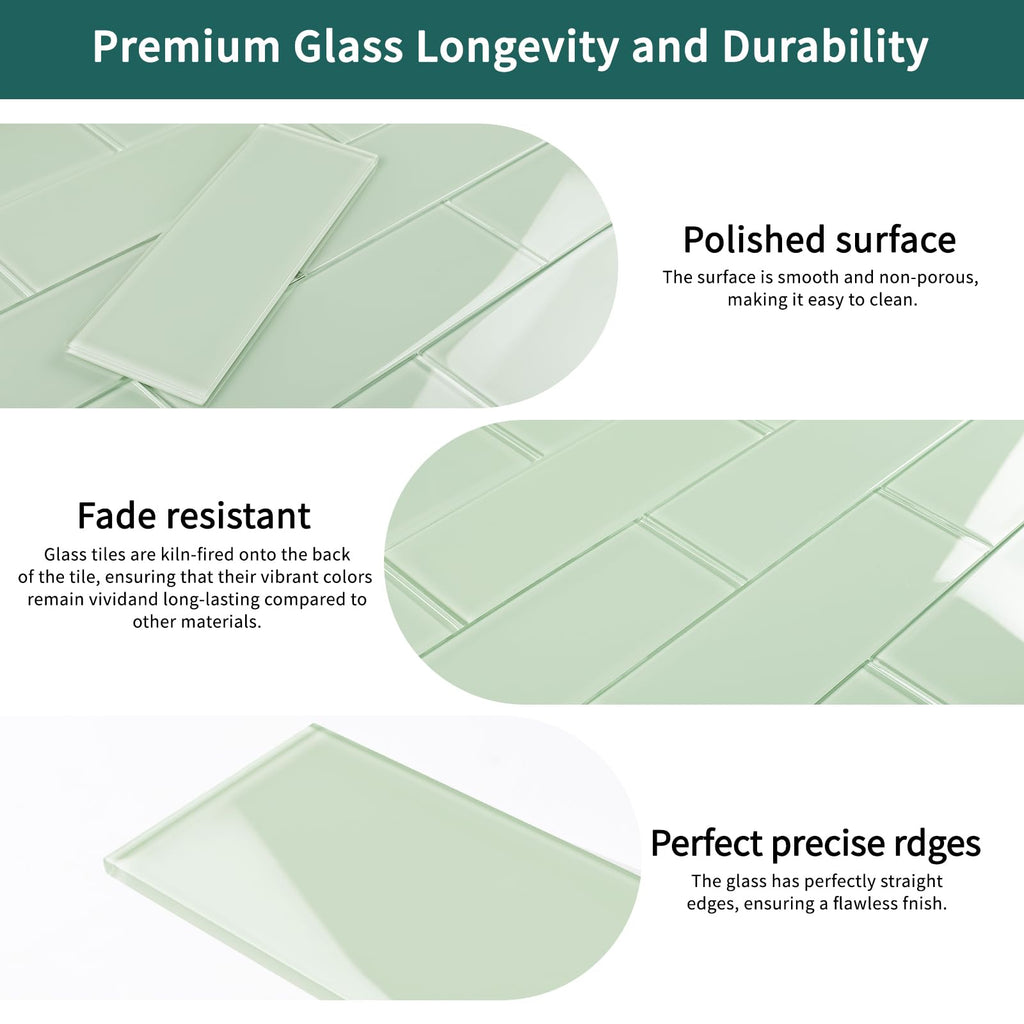 Light Green Glass Subway Tile, Glass Kitchen Shower Backsplash Wall, 4 x 12 Inches, 12Pcs, 4 Sq.Ft.