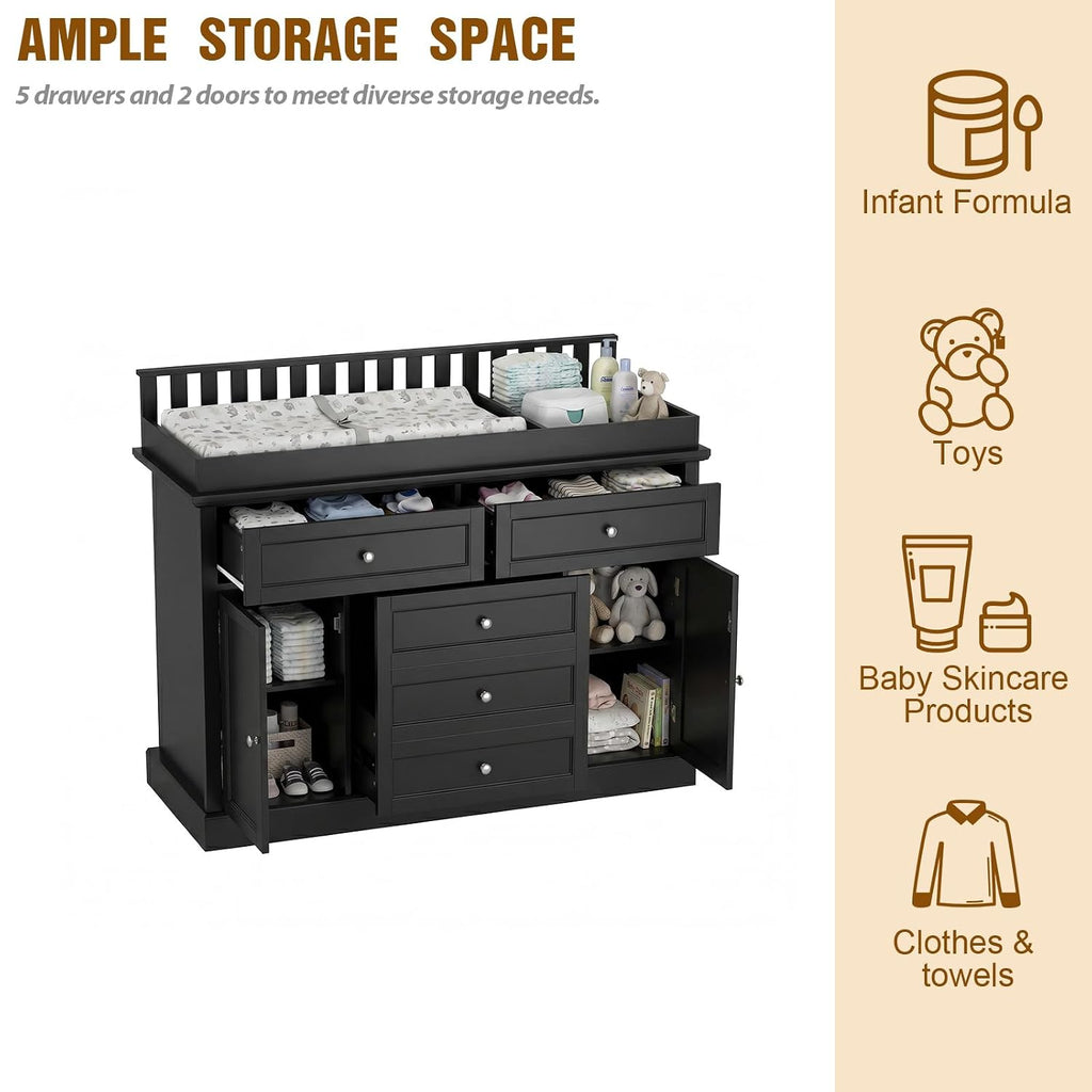 46" Black Baby Changing Table Nursery Dresser with Removable Top | Large Dresser with 5 Storage Drawers and 2 Doors