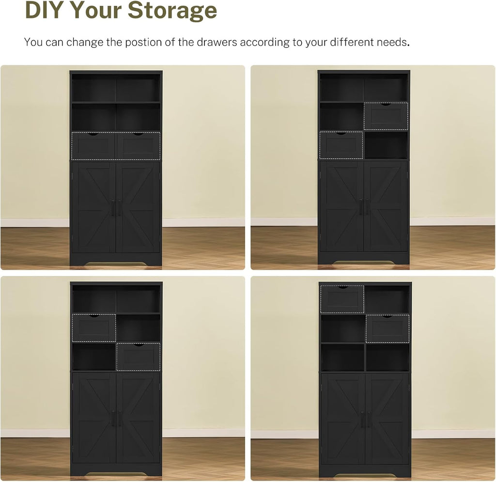 Storage Cabinet with Doors & 2 Drawers, Kitchen Cabinet with Adjustable Shelf, Pantry Cabinets, Bathroom Cabinets