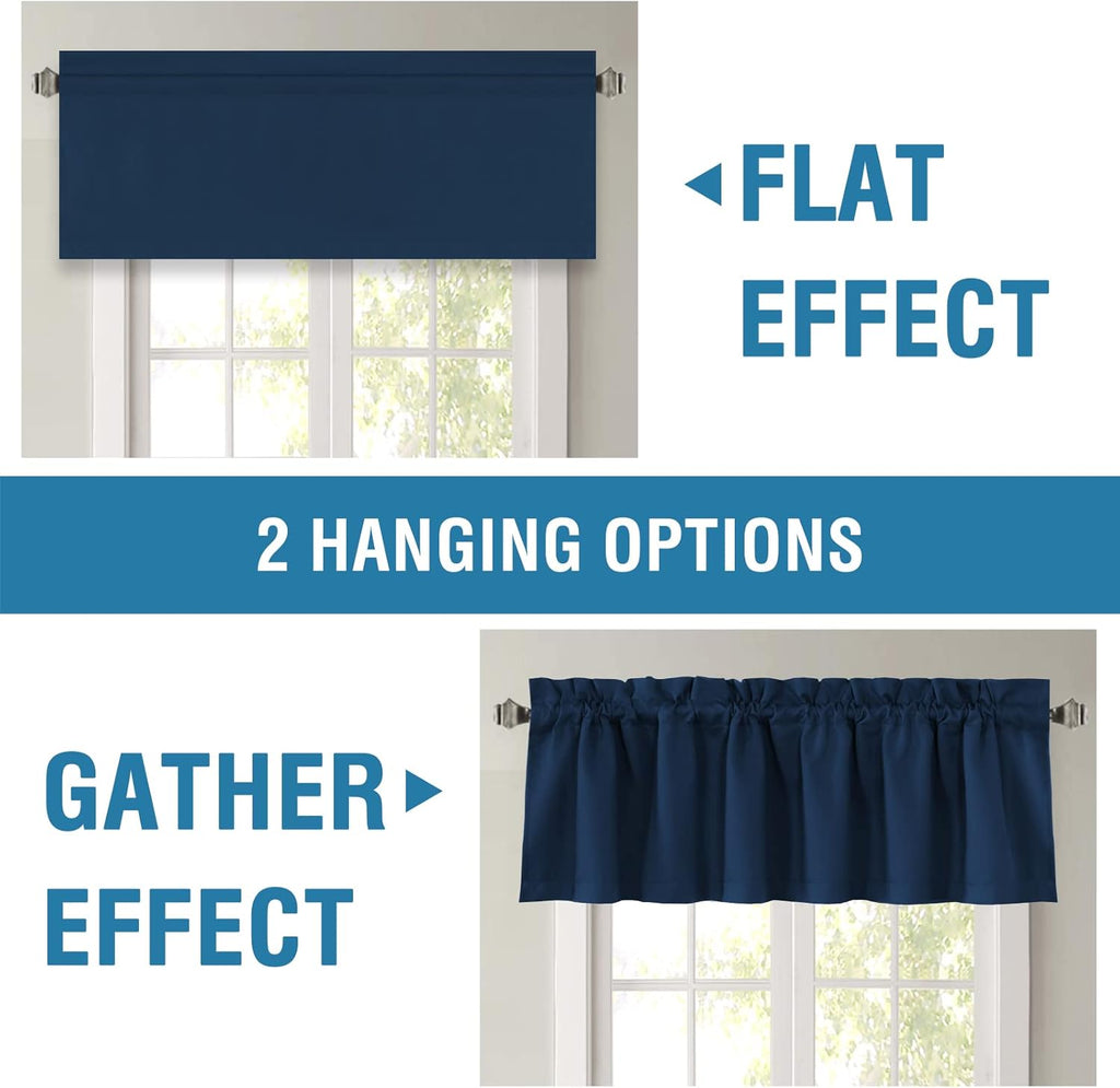 100% Blackout Valances for Windows,Kitchen Valance Set of 2, Small Short Modern Rod Pocket Valances Curtains for Living Room Bathroom Cafe Laundry Basement, 52" x 18", Navy