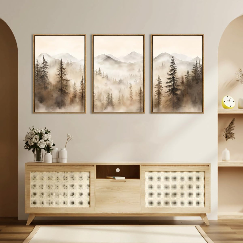 Large Mountain Forest Framed Canvas Wall Art 16x24 Inch Set of 3 Abstract Misty Woodland Painting Modern Farmhouse
