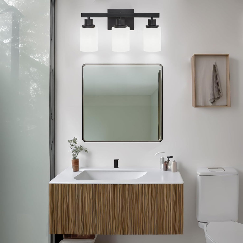 3-Light Bathroom Light Fixtures Over Mirror, Modern Matte Black Vanity Lights with White Frosted Glass Shade
