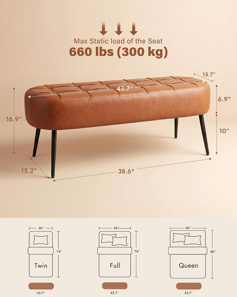 Entryway Bench, Modern PU Leather Upholstered End of Bed Bench Brown | Shoe Bench with Tufted Seat, 660 lb Capacity