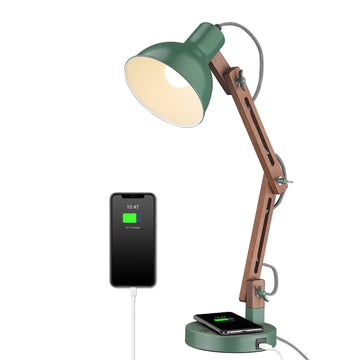 LED Desk Lamp with Wireless Charger, Sapele Wood Reading Light with USB C Charging Port, Swing Arm Table Lamp