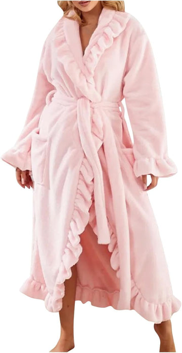 Women Ruffle Long Robes Warm Plush Bathrobes Soft Fleece Kimono Bath Robe Winter Lounge Housecoat with Pocket