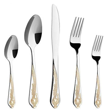 Gold Silverware Set, 20 Piece Stainless Steel Golden Flatware Set for 4, Silver Tableware Set with 24K Gold-Plated