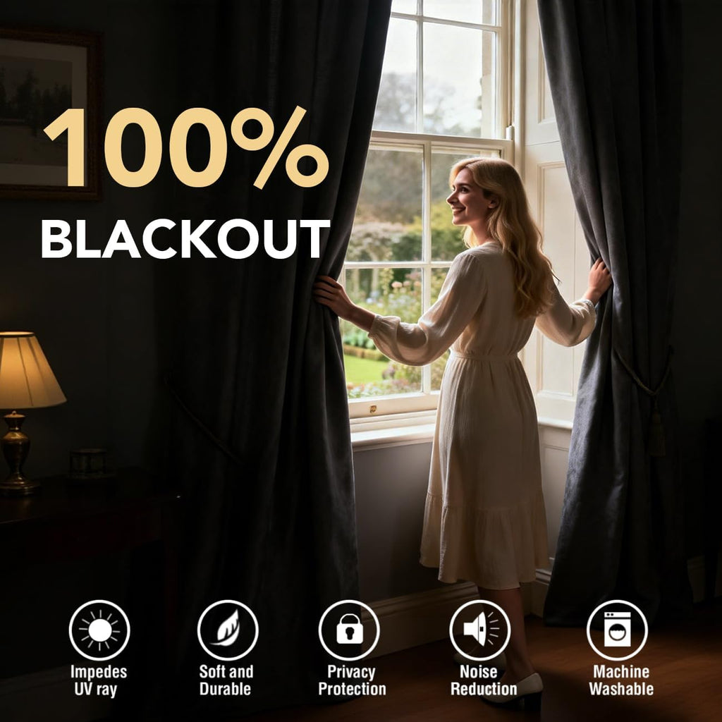Velvet 100% Blackout Curtains for Living Room Full Light Blocking Curtains Thermal Insulated Room Window Drapes Soft