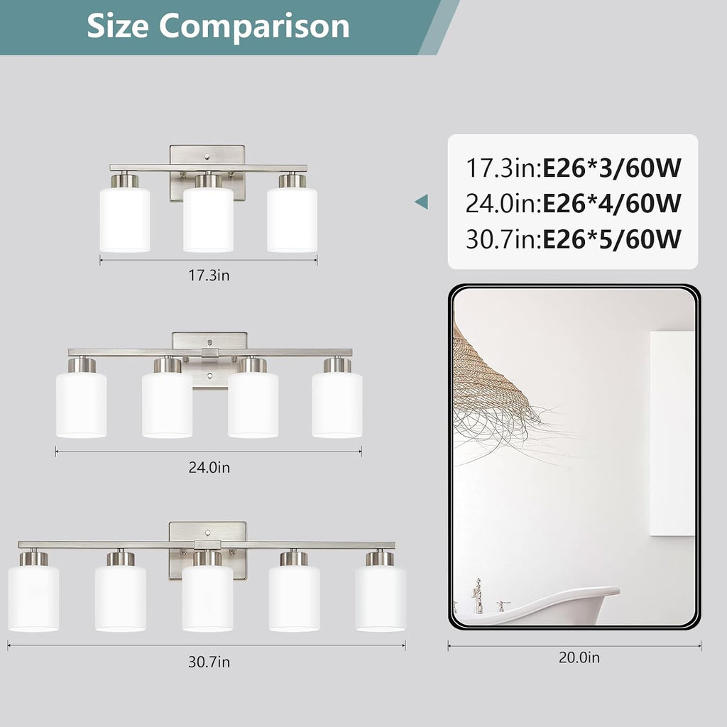 Brushed Nickel Bathroom Light Fixtures, 4-Light Modern Vanity Lights with Milky White Frosted Glass Shades, Wall