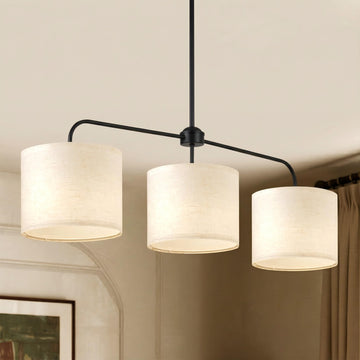 Black Linear Chandelier with Linen Beige Drum Shades, Modern Pendant Light Fixture Island, Dining Room