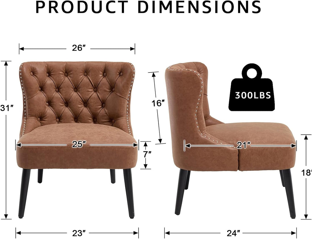 Accent Chair, Leather Slipper Chair with Button Tufted Wingback, Armless Living Room Chair with Nails Decorative