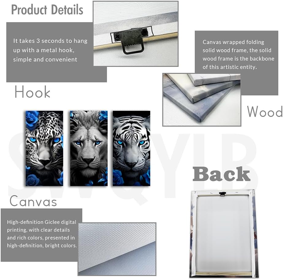 Lion Tiger Leopard Canvas Wall Art Set of 3 Black White Blue Decor Print Wildlife with Flowers Pictures Bedroom